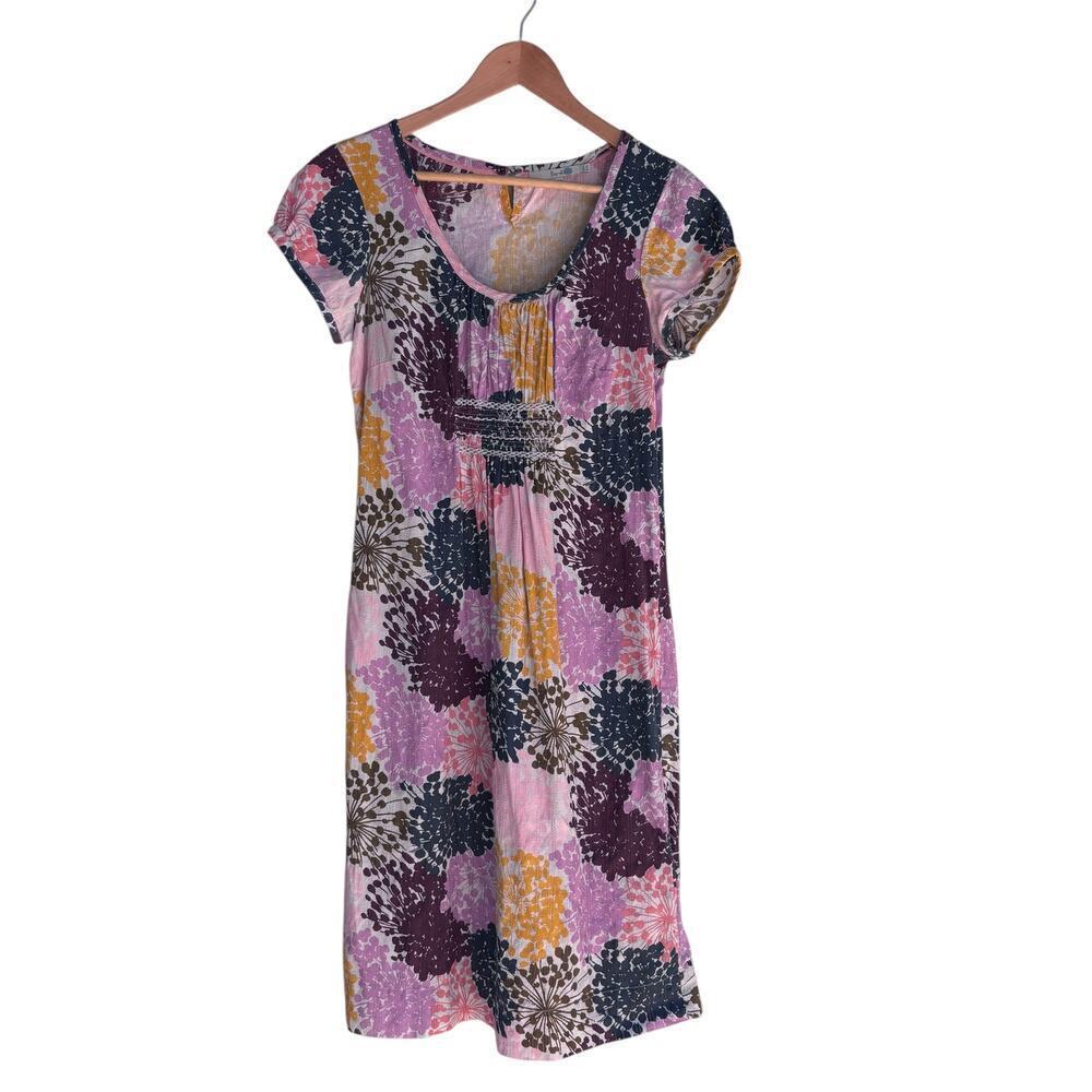 Boden Floral Shift Dress Size 6L Scoop Neck Cap Sleeves Smocking Pastel